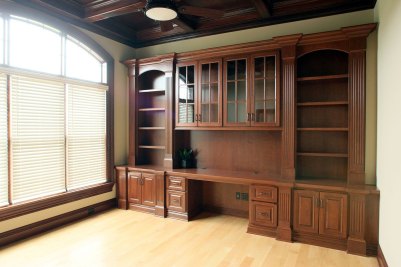 4-Study with Maple hardwood floor and built-in cabinetry under 12' high beamed ceiling